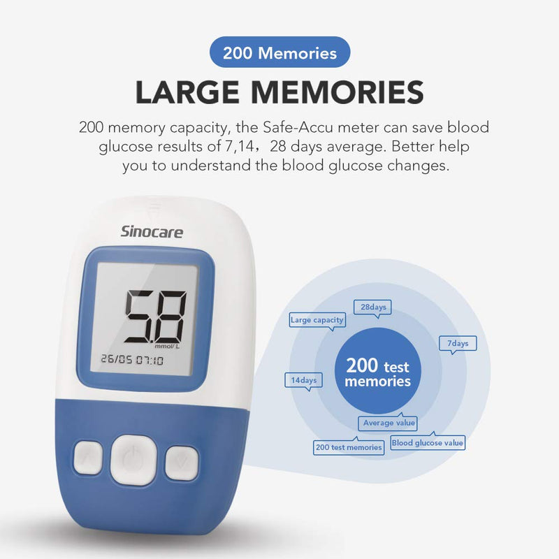 sinocare Diabetes Test Kit, Blood Glucose Monitor w/50 Strips, 5s Test Time Safe AQ Angel Blood Sugar Monitor 200 Memory Capacity, Painless Lancing Glucose Meter - mmol/L Safe AQ Angel kit-50 - NewNest Australia