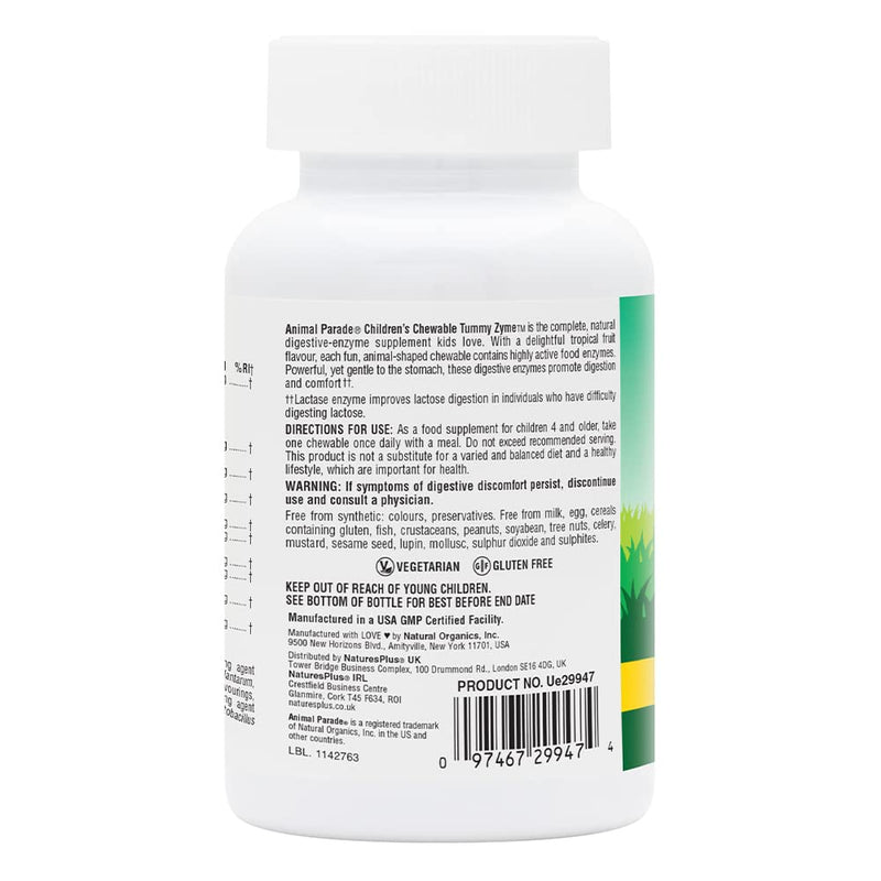 NaturesPlus Animal Parade Tummy Zyme Children’s Chewable Digestive Support - Active Enzymes, Lactase, Live Probiotics and Whole Foods - Vegetarian, Gluten Free - Tropical Fruit Flavour - 90 Animal Shaped Tablets - NewNest Australia