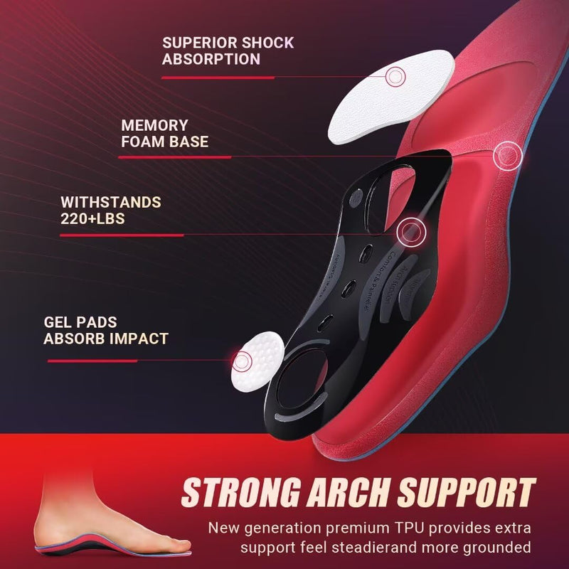 PCSsole Orthopedic Insoles High Arch Support Shoe Insoles, Flat Foot Insoles Shoes Insoles Work Shoes for Flat Feet, Plantar Fasciitis, Foot Pain Red, M:Men(8-9.5)28cm M:men(8.5-10)28cm - NewNest Australia