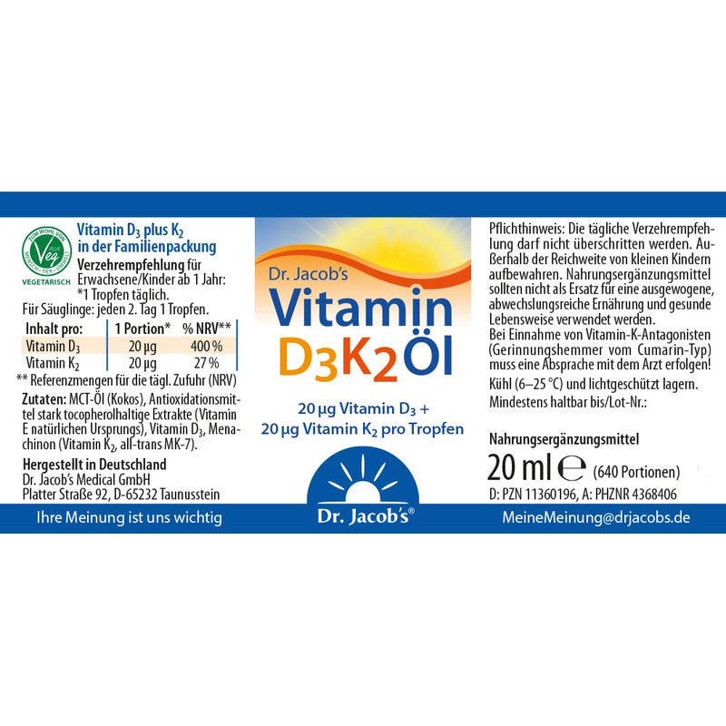Dr. Jacob's Vitamin D3K2 oil 20 ml I dietary supplement for bones¹ and immune system² I high bioavailability I vitamin D3 and K2 drops I vegetarian - NewNest Australia