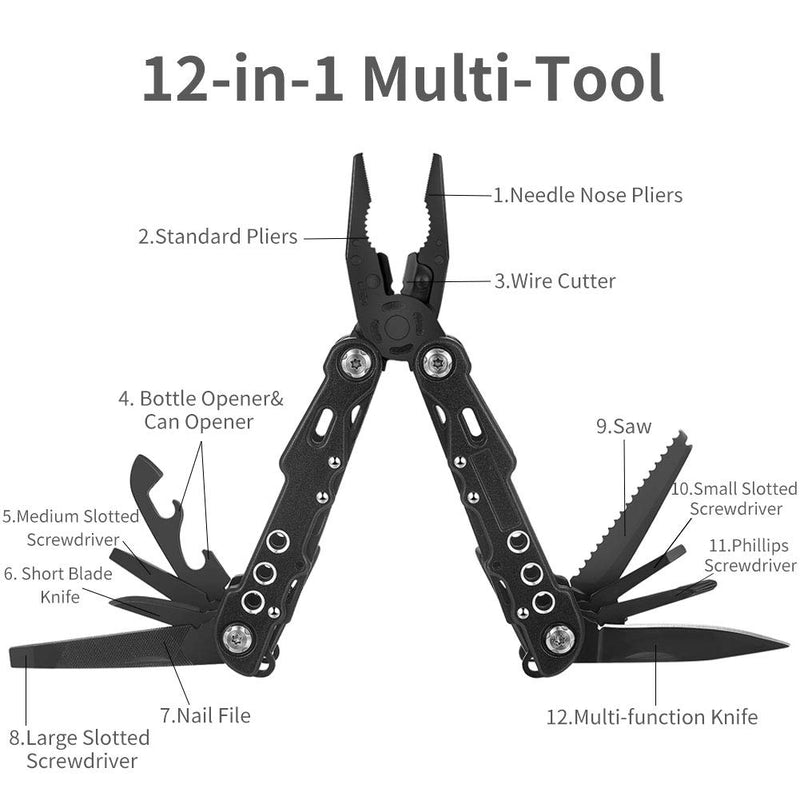 Suruid 12 in 1 Multi tool Pliers Pocket Knife with Durable Nylon Sheath, Multitool with Pliers, Bottle Opener, Screwdriver, Saw-Perfect for Outdoor, Survival, Camping, Fishing, Hiking - Cool Black - NewNest Australia