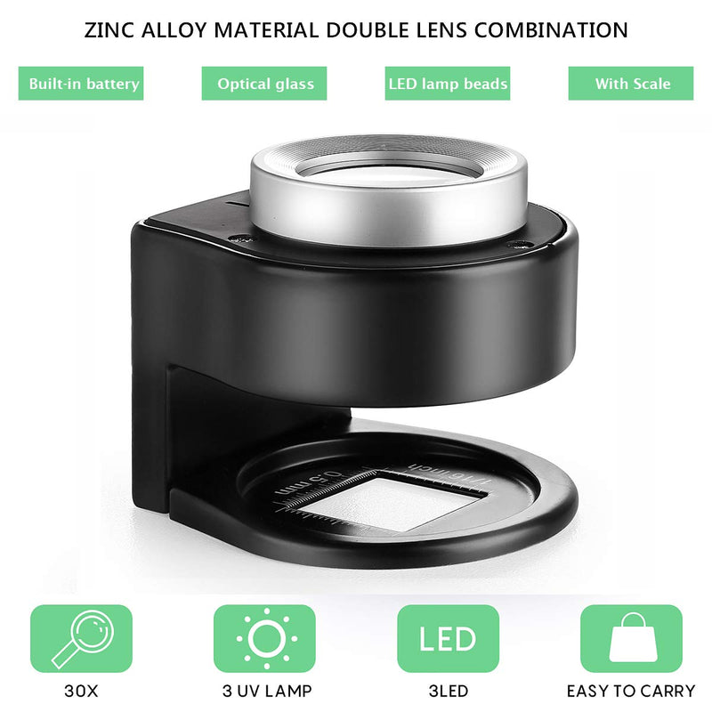 30X Coin Magnifier, USB Rechargeable 6 Lights Portable Metal Eye Loupe Sewing Magnifying Glass for Textile Optical Jewelry Tool Coins Currency Stamps (Black) - NewNest Australia