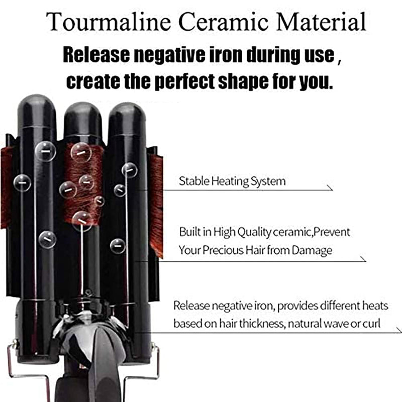 Hair Curler, 3 Barrels Hair Waver Upgrade Version Ceramic with 2 Gear Temperature Control, 25mm Curling Tongs for Long Hair, Styling Tool for Woman Crimp Hair with Plus Heat Resistant Glove Black - NewNest Australia