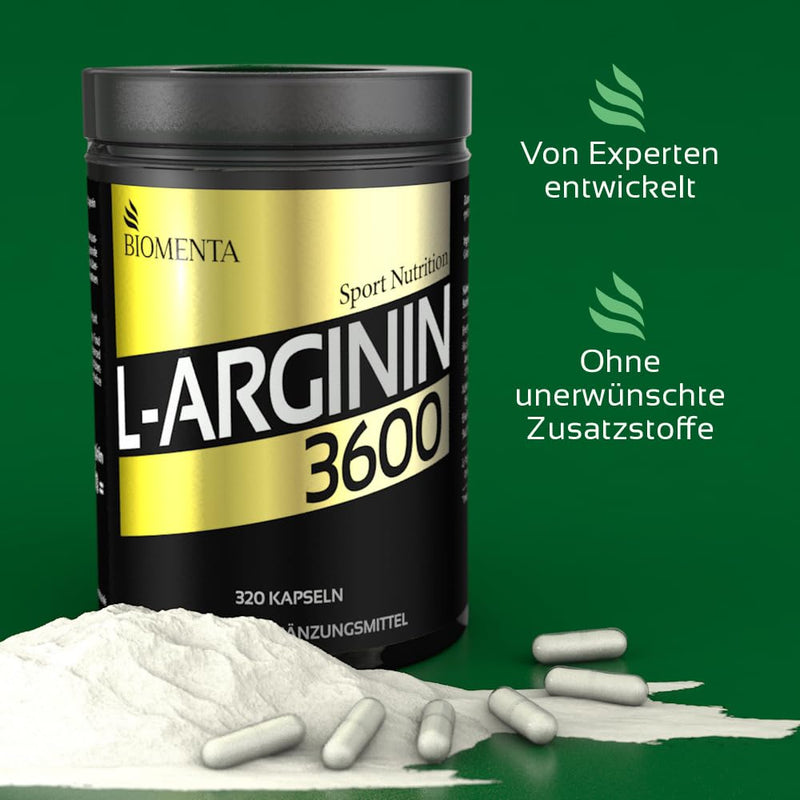 BIOMENTA L-Arginine 3600 - 320 arginine capsules high dosage with 913 mg amino acid/capsule - storage pack - premium quality - NewNest Australia