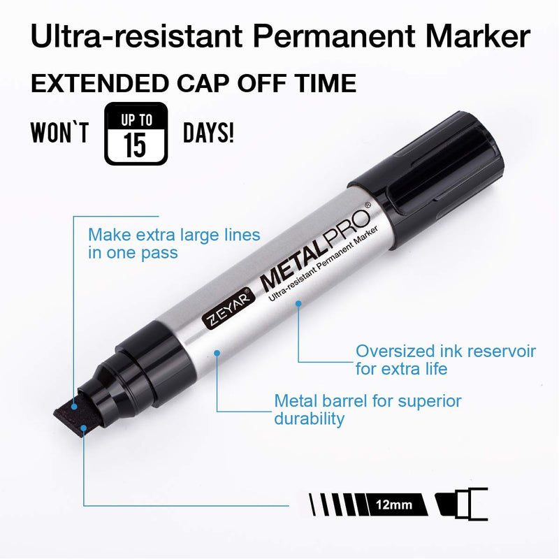 ZEYAR Permanent Markers, JUMBO Size, Aluminum Barrel, Set of 2, Premium Waterproof & Smear Proof Markers, Quick Drying (Black) Black - NewNest Australia