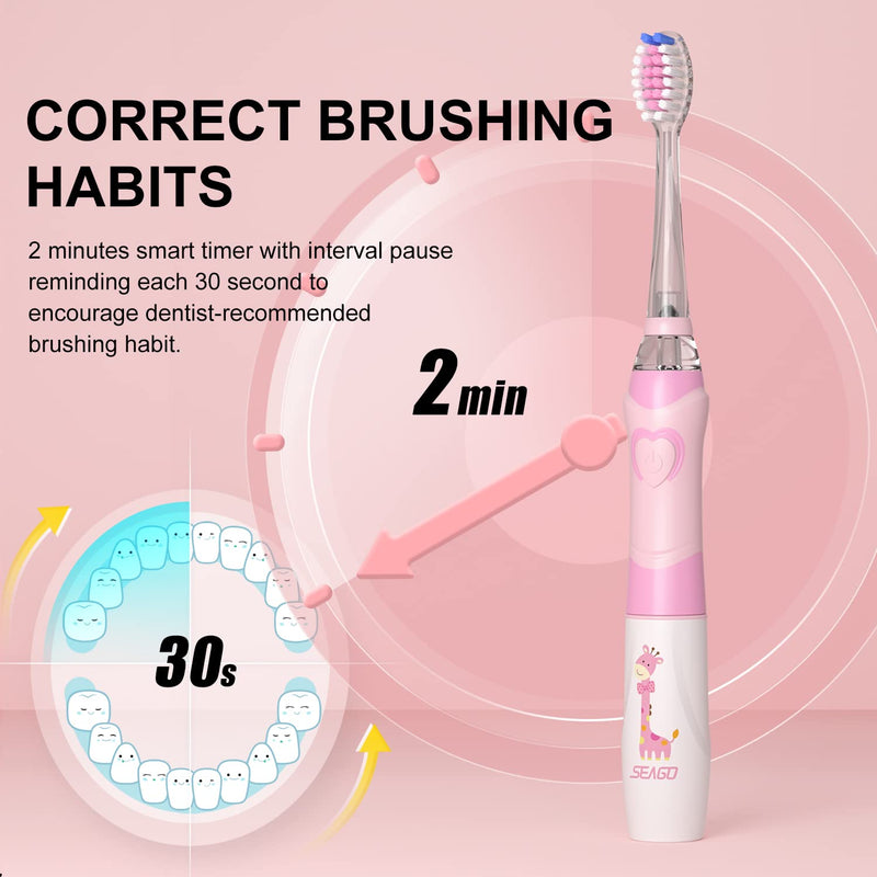 Seago Kids Electric Toothbrush, Sonic Rechargeable Children Power Toothbrushes Toddler Electric Toothbrush with 3 Dupont Brush Heads, Rainbow LED Light for Junior Boys and Girls Ages 3+ (Pink) Pink - NewNest Australia