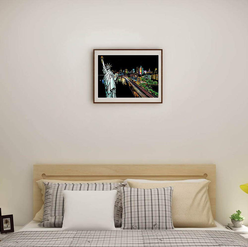 Rainbow Scratch Art Painting Paper (A4) for Adults & Teens, Night View Scratchboard Set:4 Sheet Scratch Cards, Clean Brush, Drawing Pen(Times Square / Golden Gate Bridge / Seattle / Statue of Liberty) America - NewNest Australia