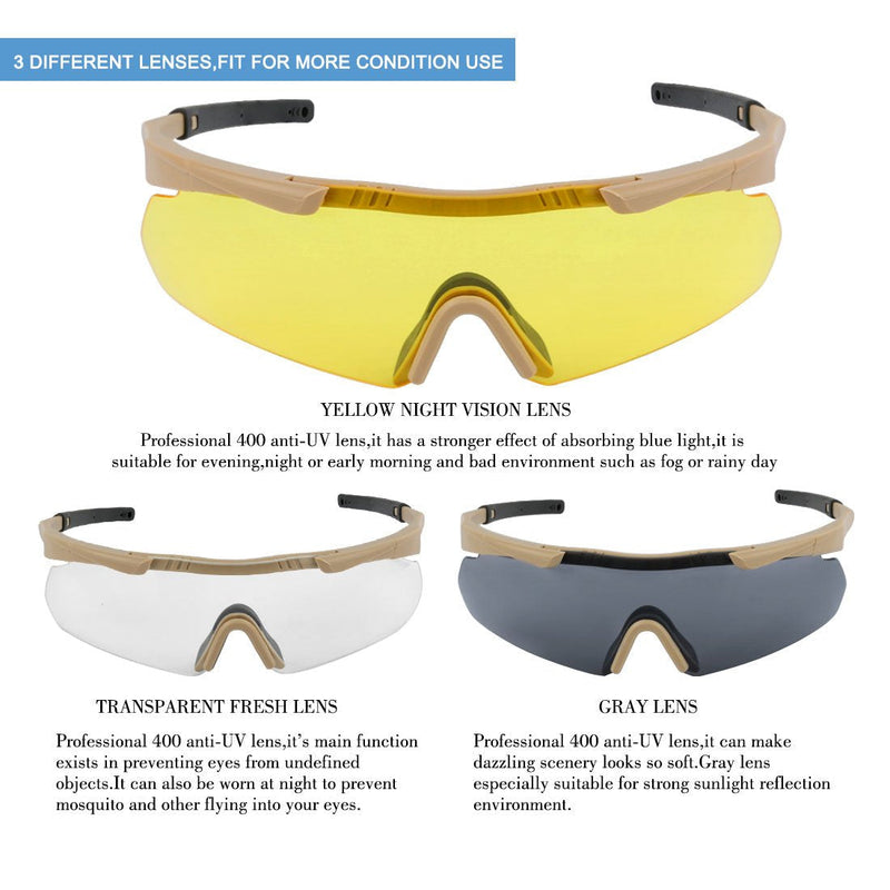 Xaegistac Tactical Eyewear 3 Interchangeable Lenses Outdoor Unisex Shooting Glasses Khaki Frame - NewNest Australia