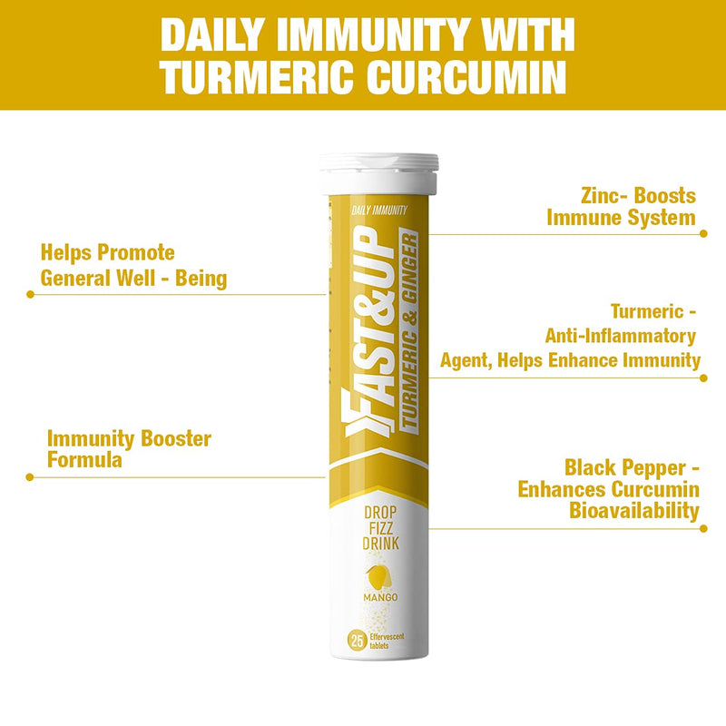 Fast&Up Turmeric & Ginger – Natural Curcumin – Super Herbs – Zinc, Ginger & Black Pepper – 25 Effervescent Tablets - Mango Flavour 25 Count (Pack of 1) - NewNest Australia