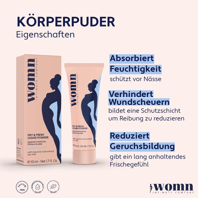 womn Intimate Comfort DRY & FRESH LIQUID POWDER – talc-free liquid body powder against wetness, chafing and unpleasant odors, 50 ml - NewNest Australia
