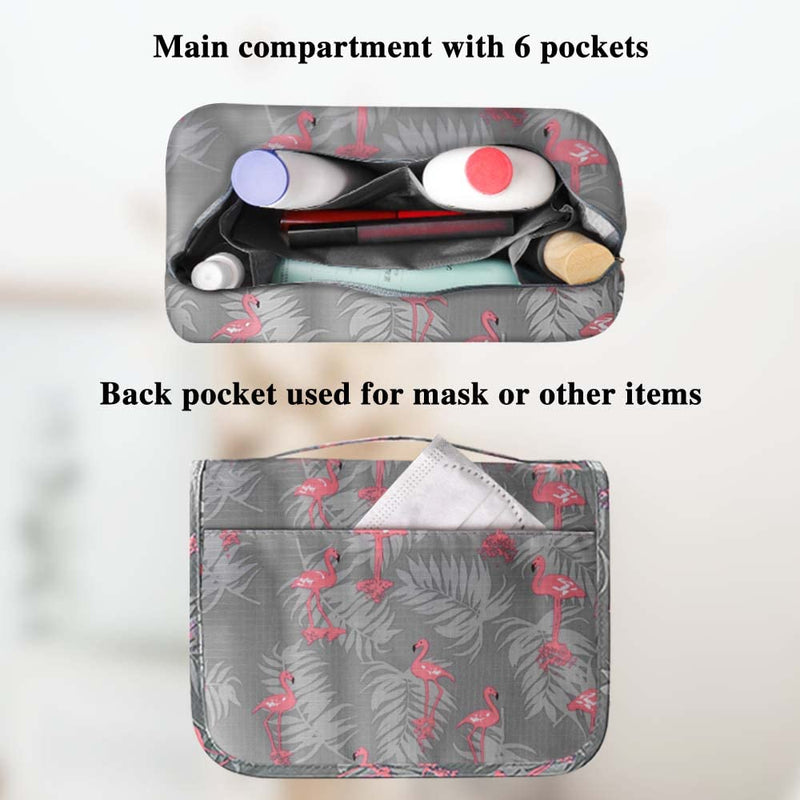 Hanging Toiletry Bag - Travel Portable Wash Bag Makeup Cosmetic Organizer for Women & Girls Waterproof Bathroom Shower Bag for Business Trip, Gym, Vacation & Household (Gray Flamingo) Grey - NewNest Australia