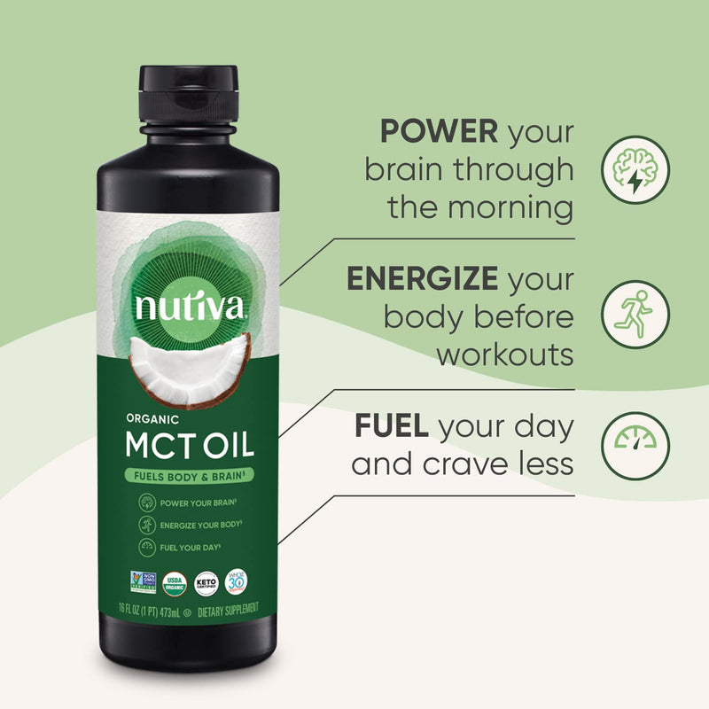 Nutiva Organic MCT Oil, Unflavored, 16 Oz, USDA Organic, Non-GMO, Non-BPA, Whole30 Approved, Vegan, Gluten-Free & Keto, 14g MCT per Serving & Neutral Flavor for Coffee, Shakes and Salads 16 Ounce (Pack of 1) - NewNest Australia