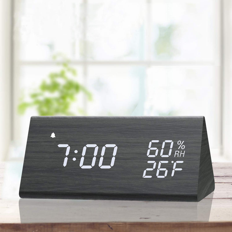 NewNest Australia - Digital Alarm Clock, with Wooden Electronic LED Time Display, 3 Alarm Settings, Humidity & Temperature Detect, Wood Made Electric Clocks for Bedroom, Bedside, Black 