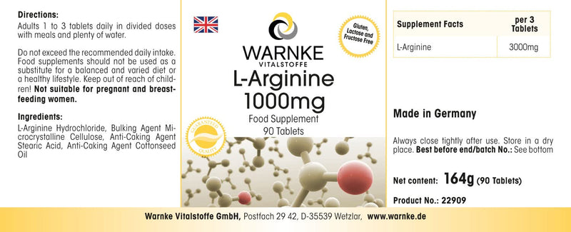 L-Arginine 1000mg - high dose & vegan - 3000mg L-Arginine HCl per daily dose - 90 tablets | Warnke vital substances - NewNest Australia