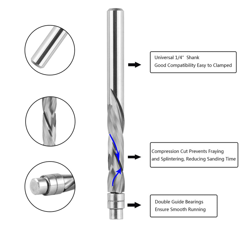 SpeTool 1/4 Shank Pattern Router Bit Extra Long Compression Spiral Flush Trim Router Bearing Bit 1-1/8 Inch Cutting Length, 3 inch OVL Up&Down Woodwork Great for Trim Shelf Edging Veneer or Laminates COMPRESSION-1/4" - NewNest Australia
