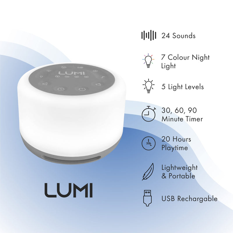 LUMI | White Noise Machine for Babies, Kids & Adults | 24 Sounds & 7 Colour Night Light | 30, 60, 90 Minute Timer | Rechargeable | White Noise Machine Baby | Sleep Sound Machine | Baby Sleep Aid - NewNest Australia
