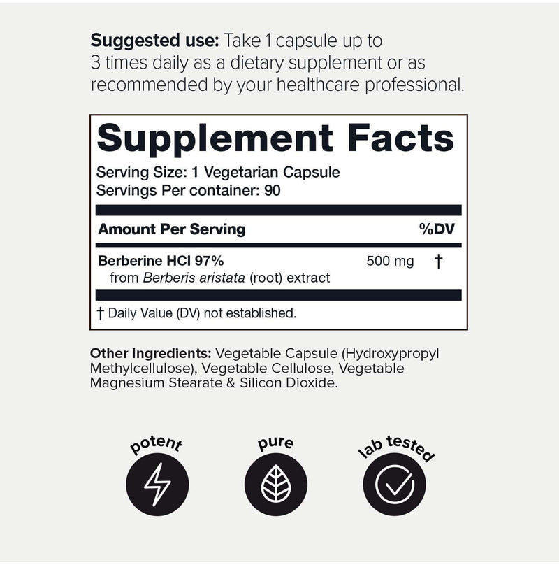 Ultra High Strength Berberine HCl from The Himalayas - 97% Highly Purified and Bioavailable - Wild Harvested - 82:1 Concentrated Formula Berberine 500mg - 90 Veggie Capsules - NewNest Australia