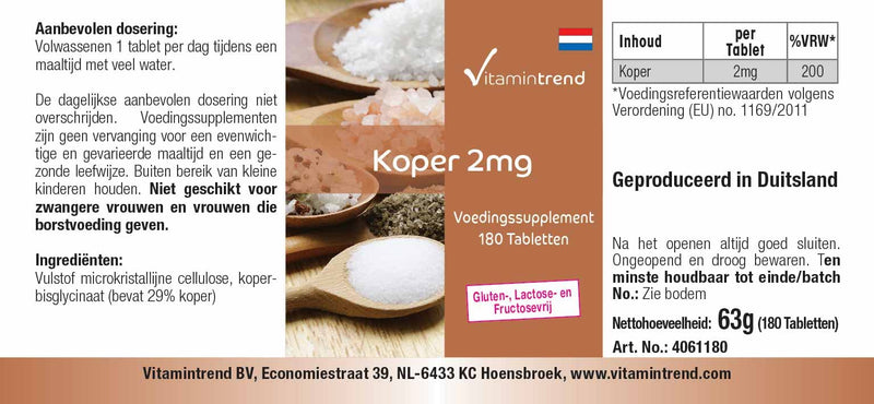 Copper tablets 2mg - 180 tablets - ! FOR 6 MONTHS ! - vegan - high-dose copper dietary supplement | Vitamintrend® - NewNest Australia