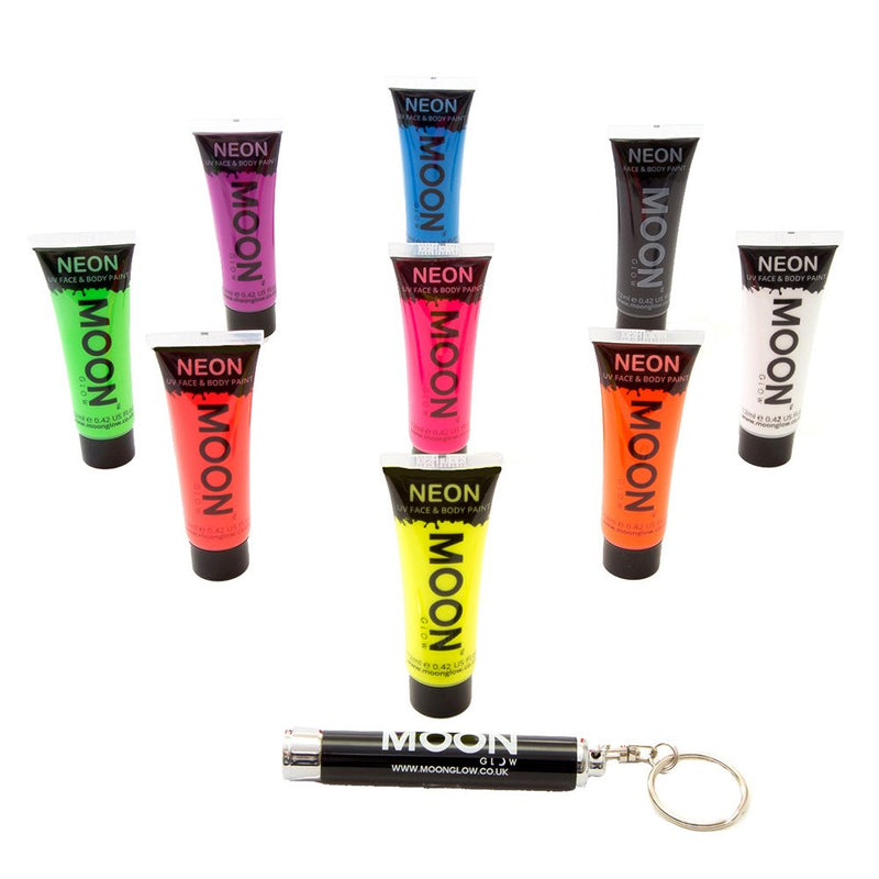 Moon Glow - Intense Neon UV Face & Body Paint - 12ml Set of 9 - includes UV Keyring - NewNest Australia