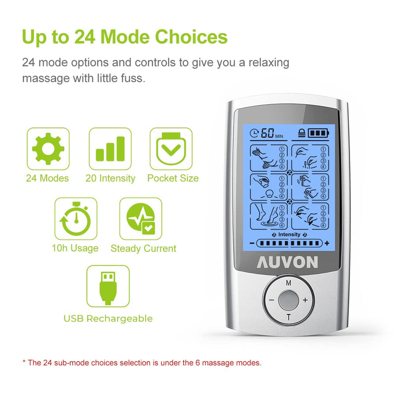 AUVON Rechargeable TENS Unit Muscle Stimulator, 24 Modes 4th Gen TENS Machine with 8pcs 2"x2" Premium Electrode Pads for Pain Relief - NewNest Australia