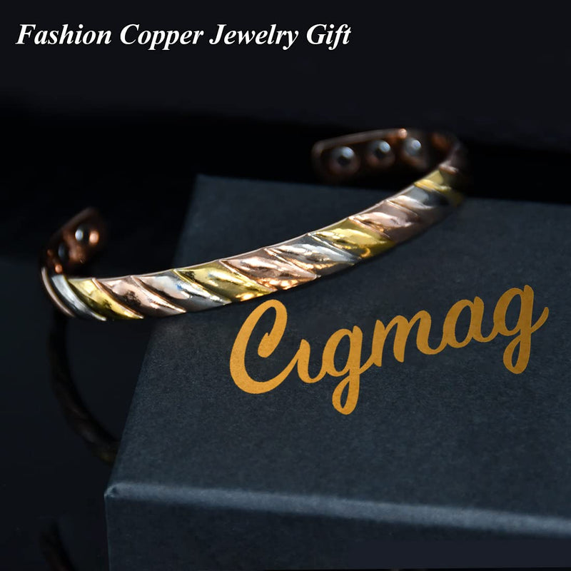 Cigmag Lymphatic Drainage Copper Magnetic Bracelet for Women 99% Solid Pure Copper Ultra Strength Magnet Adjustable Brazaletes Cuff Bangle with Gift Box (Tricolor Pattern) 1-tricolor - NewNest Australia