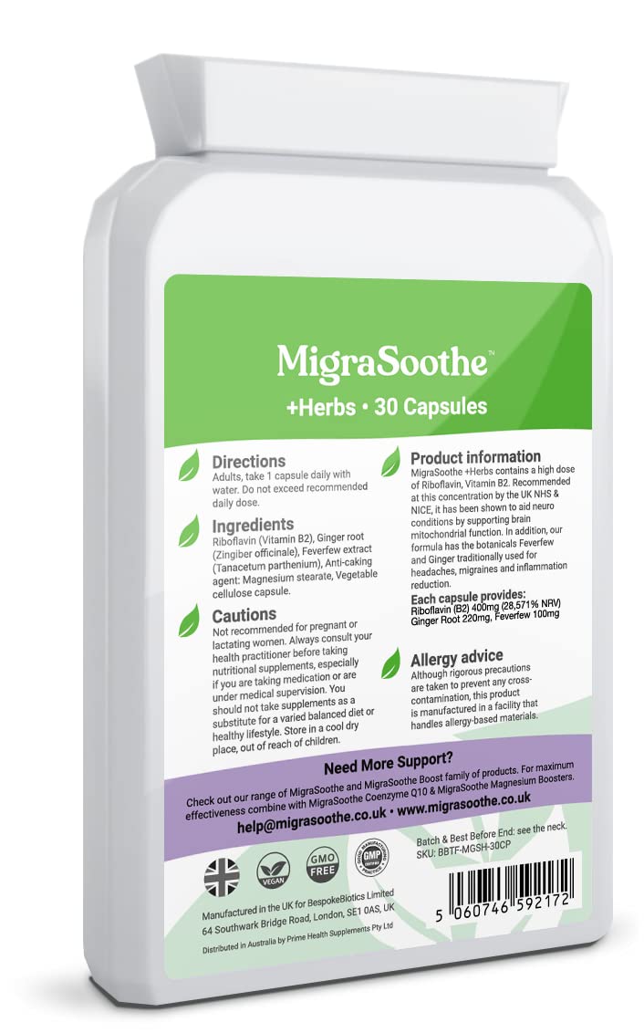Migraine Relief Feverfew + Ginger + Vitamin B2 Riboflavin 400mg per Capsule - Migrasoothe + Herbs NHS Recommended Ingredients UK Made Stress, Headaches Tremors & Energy Vegan. Vitamin B2 400 [30] 30 - NewNest Australia