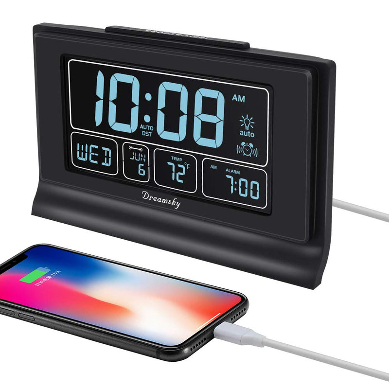 NewNest Australia - DreamSky Auto Set Digital Alarm Clock with USB Charging Port, 6.6 Inch Large Screen with Time/Date/Temperature Display, Full Range Brightness Dimmer, Auto DST Setting, Snooze, Backup Batteries,12/24Hr Black 