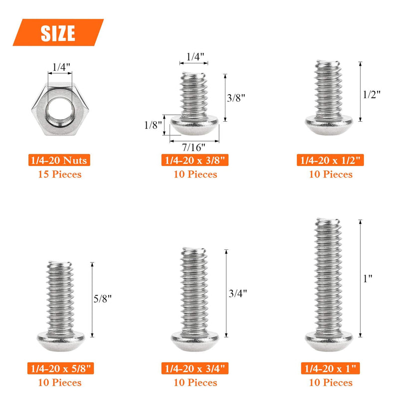 HELIFOUNER 65 Pieces 5 Sizes 304 Stainless Steel 1/4-20 x 3/8" 1/2" 5/8" 3/4" 1" UNC Thread Hex Button Head Cap Bolts Kit - NewNest Australia