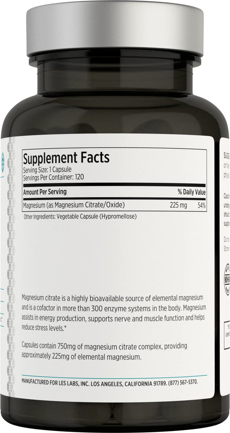 LES Labs Magnesium Citrate, Non-GMO Supplement, 750mg, 120 Capsules - NewNest Australia