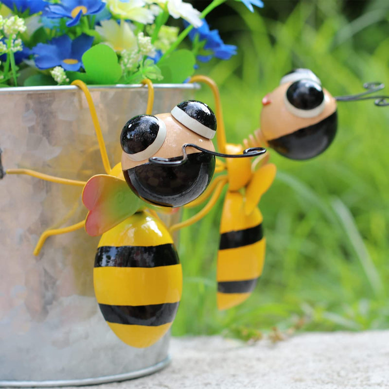 Cruis Cuka Metal Yard Art Outdoor Garden Decor Cute Bee Lawn Patio Ornament Fence Decorations for Outside Terrarium Flower Pot and Vase Hugger- Set of 2 - NewNest Australia