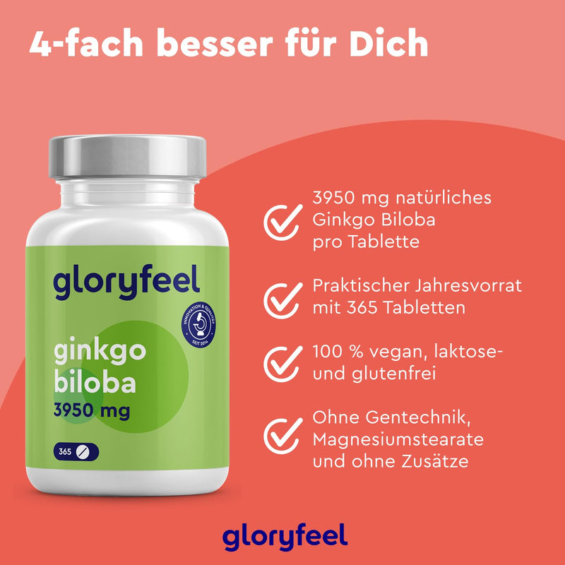 Ginkgo Biloba 3950Mg - 365 Tablets High Dose - With Flavonoglycosides + Terpene Lactones & Ginkgo Acid-Free - 50:1 Extract - Laboratory Tested, Vegan And Made In Germany Without Additives - NewNest Australia