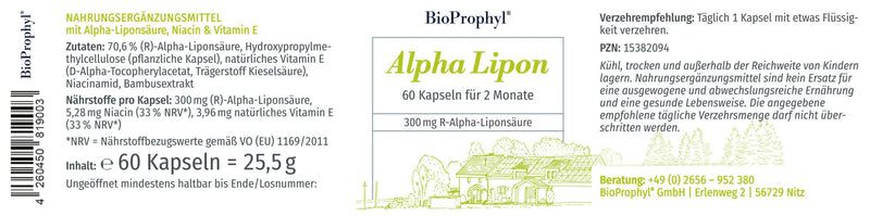 BioProphyl® Alpha Lipon - 300 mg purely natural - (R)-alpha lipoic acid - without synthetic (S)-alpha lipoic acid - with vitamin E and niacin - 60 vegetable capsules - NewNest Australia