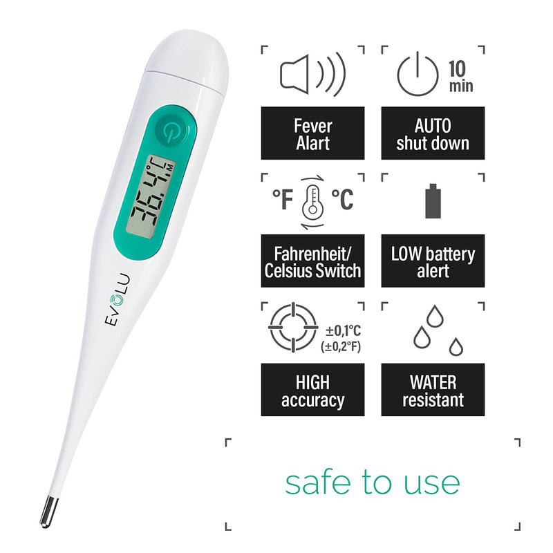 Evolu Waterproof Digital Thermometer - Temperature Measurement In Mouth, Rectal Or Armpit In 10 Seconds For Babies, Children, Adults - High Precision At 0.1¬∞C - Easy To Read Display Storage Box Digital Clinical Thermometer Simple - NewNest Australia
