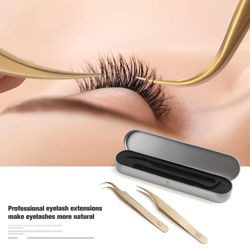 Feryes Eyelash Extension Eyelash Tweezers, Professional Dolphin And Boot Tweezers, Stainless Steel Eyelash Extension Set, Volume Precise Eyelash Tweezers With Tin Box, 2 Pieces, Gold Plated - NewNest Australia