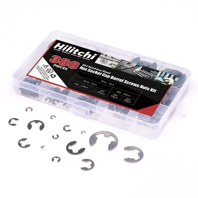 Hilitchi 380-Pcs [14-Size] E-Clip Circlip External Retaining Ring Assortment Set - 304 Stainless Steel - NewNest Australia