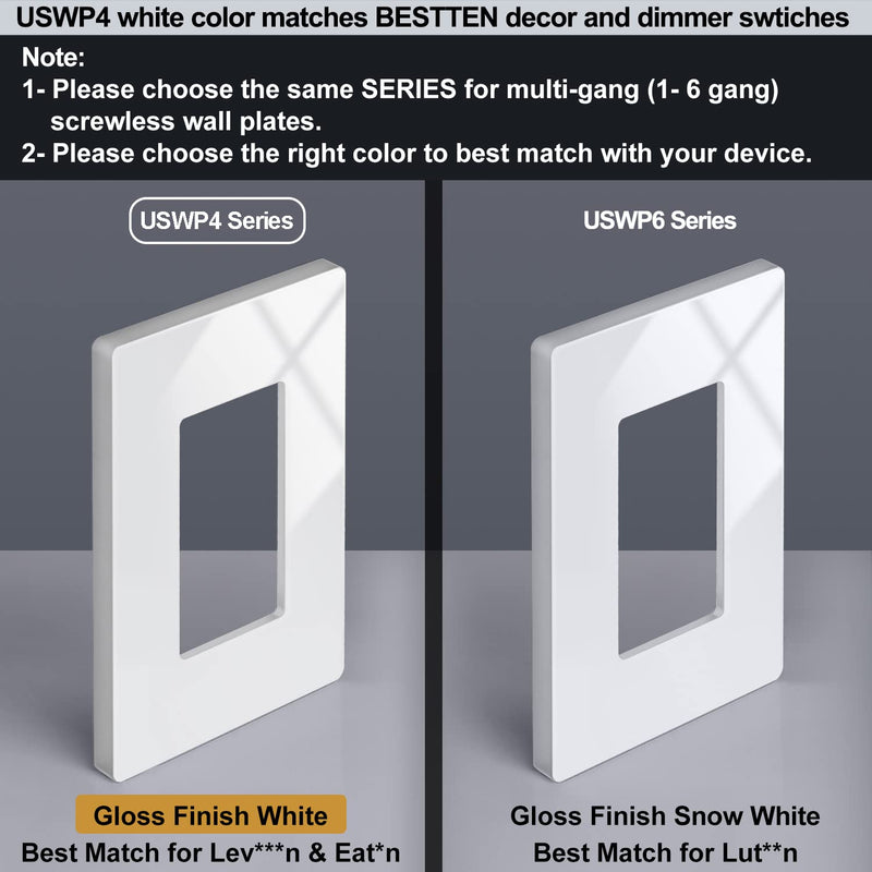 [10 Pack] BESTTEN 1-Gang Screwless Wall Plate, USWP4 White Series, Decorator Outlet Cover, H4.69” x W2.91”, for Light Switch, Dimmer, GFCI, USB Receptacle 1. Gloss White - NewNest Australia