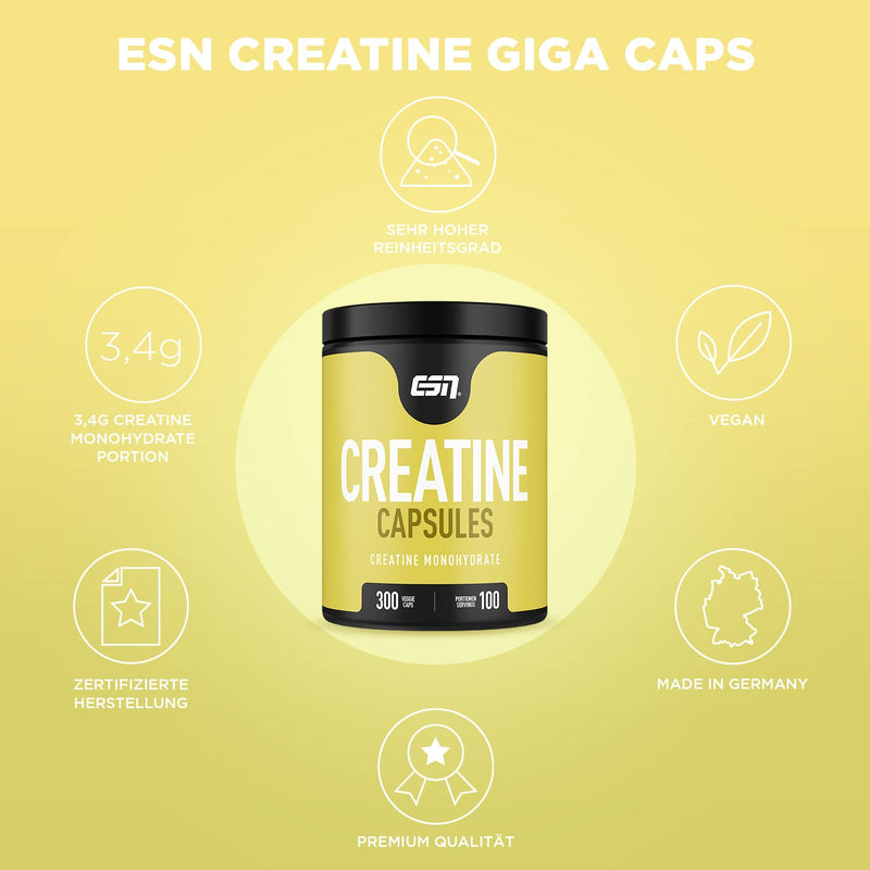 ESN Creatine Giga caps, 300 capsules, high-quality ultra-fine creatine monohydrate, vegan, Kosher and Halal certified, 100 servings, 350 g, Made in Germany - NewNest Australia