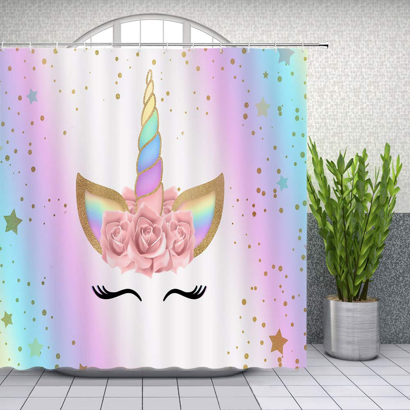 AMFD Unicorn Shower Curtain Rainbow Magic Head Rose Flower Romantic Cute Girl Baby Kid Pink Cartoon Bathroom Curtains Decor Polyester Fabric Set Include Hooks,(70" WX70 H) Pink Blue Gold Yellow White 70"WX70"H - NewNest Australia