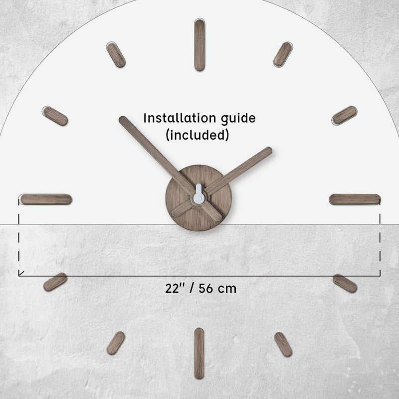 NewNest Australia - PresenTime & Co 3D Large Frameless DIY Wall Clock 3D Stickers for Modern Office/Home Decoration, Light Gray Oak Style, 2nd Gen, 12 pcs Hour Markers 22 inch 