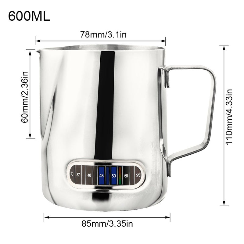 Milk Jug Stainless Steel Milk Frothing Pitcher with Thermometer Large 600ml for Coffee Machine Milk Frothing Jug Anti-Scald Easy to Clean - NewNest Australia