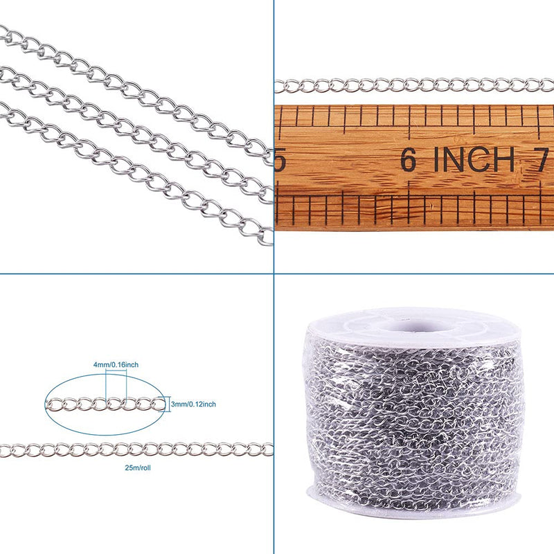Pandahall 82 Feet/25M Soldered 304 Stainless Steel Curb Chains 4x3x0.6mm Stainless Steel Color Plated for Jewelry Making 0Chains- 4x3x0.6mm- 82 feet - NewNest Australia