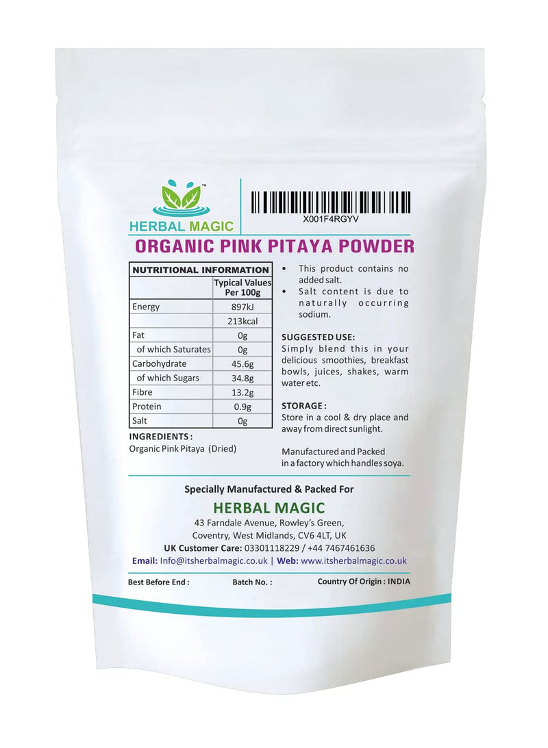 Herbal Magic 100% Pure & Natural Pink Pitaya Powder| Dragon Fruit Powder |Natural Slow Dried |Pink Vegan | Smoothie |Superfood |No Added Sugar or Gluten-100g 100 g (Pack of 1) - NewNest Australia