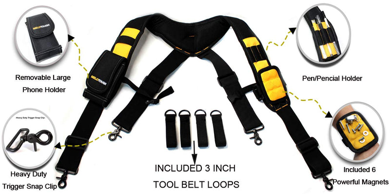 MELOTOUGH Magnetic Suspenders Tool Belt Suspenders with Large Moveable Phone Holder, Pencil Holder, Adjustable Size Padded Suspenders (Yellow) Yellow - NewNest Australia