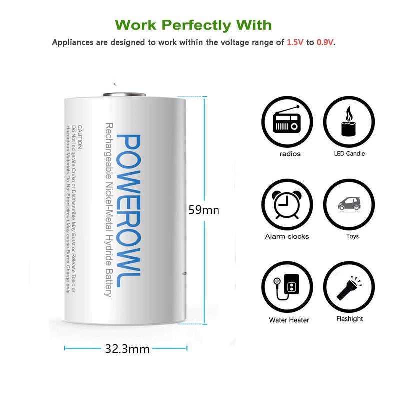 POWEROWL Rechargeable D Batteries 10000mah Low Self Discharge, NiMH, Pre-Charged, 4 Count (Recharge Universal) 4pack - NewNest Australia