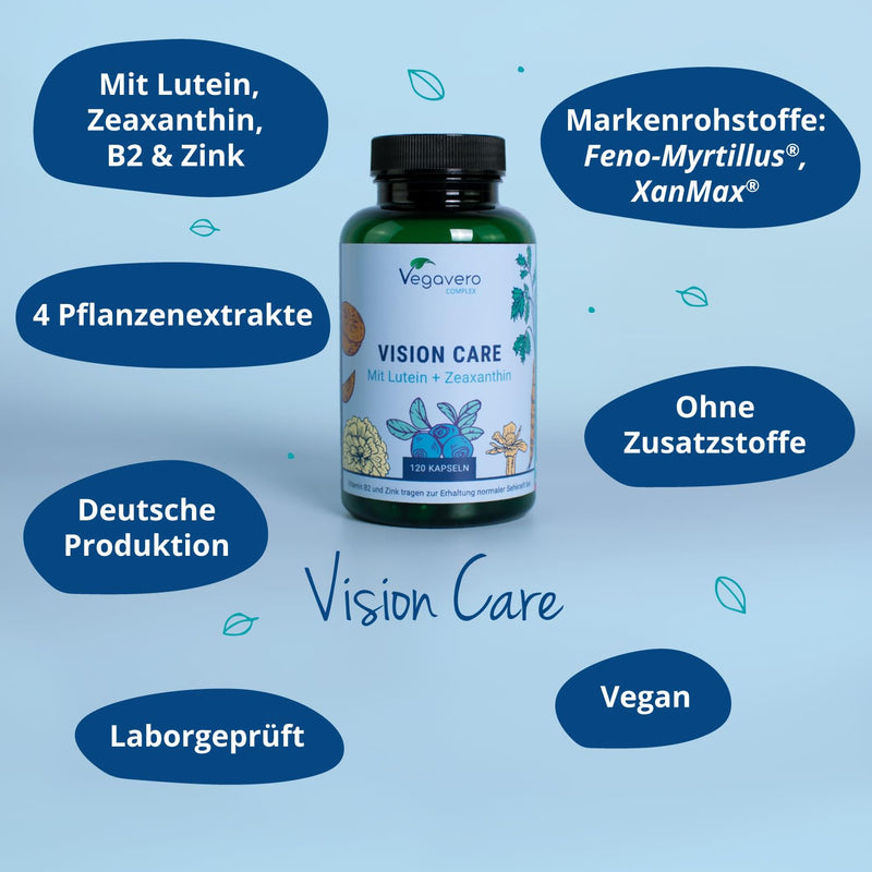 VISION CARE Vegavero® | Eye vitamins: Lutein & Zeaxanthin | VISION & EYES* | 120 capsules | with beta carotene, blueberry, vitamin B2 & zinc | Without additives | Vegan - NewNest Australia