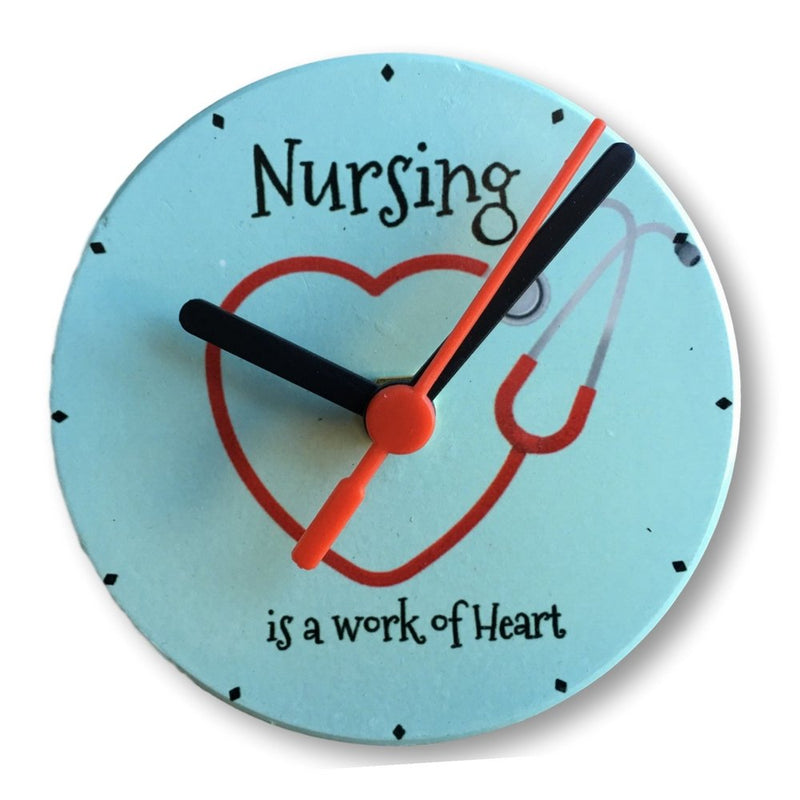 NewNest Australia - BANBERRY DESIGNS Nurse Wall or Desktop Clock - Nursing is a Work of Heart Quote - Heart Stethoscope Design - 4.25 Inches Diam 