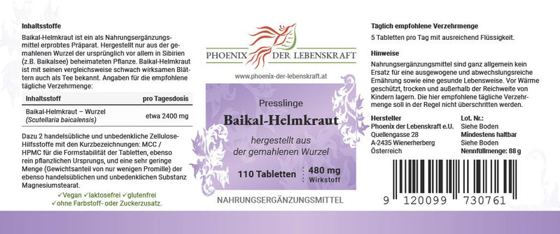 Baikal Skullcap Tablets Of 480 Mg Active Ingredient (Scutellaria Baicalensis), 110 Tablets, Premium Quality, Made In Austria, Tablets Instead Of Capsules, Vegan - NewNest Australia