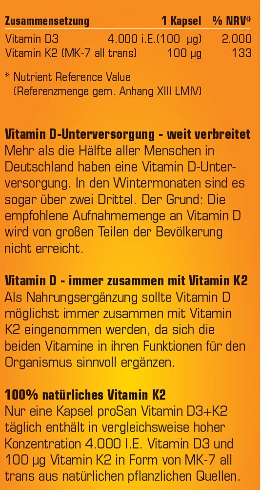 Prosan Vitamin D3+K2 4,000 Iu, 30 Capsules, High Dose 4,000 Iu Vitamin D3 + 100% Natural Vitamin K2 All-Trans 100 Œºg, High Bioavailability, Made In Germany, Small Capsules - NewNest Australia