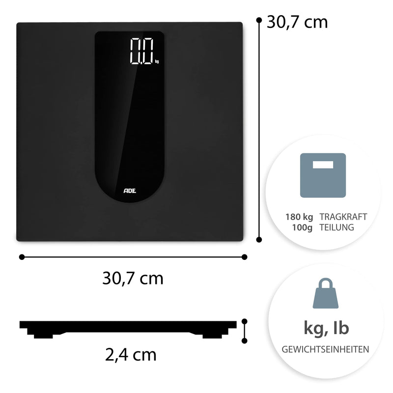 Ade Digital Bathroom Scales With Large Led Display | Non-Slip Weighing Surface Made Of Safety Glass | Accurate Weighing Results In 100G | Elegant Black Matte Surface | Up To 180Kg - NewNest Australia