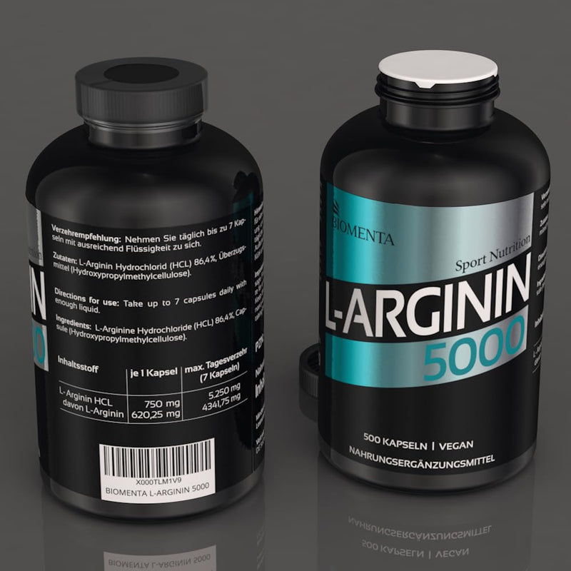 BIOMENTA L-Arginine 5000 - 500 high-dose arginine capsules - vegan - normal size - premium quality - NewNest Australia